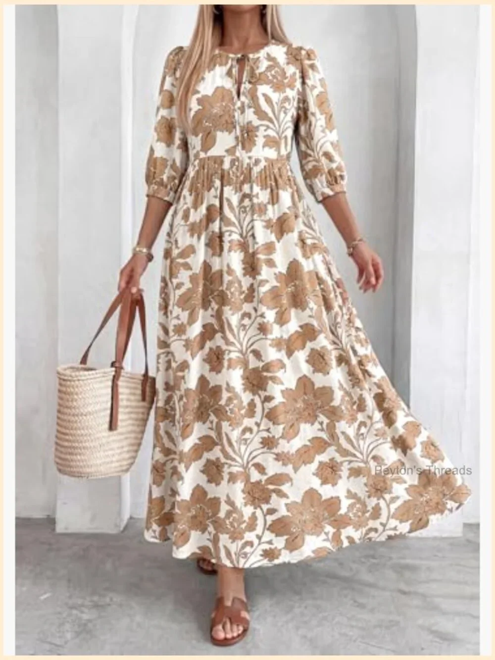 Boho Floral 3/4 Sleeve Flowy Maxi Dress with Pockets - Picture 5 of 7